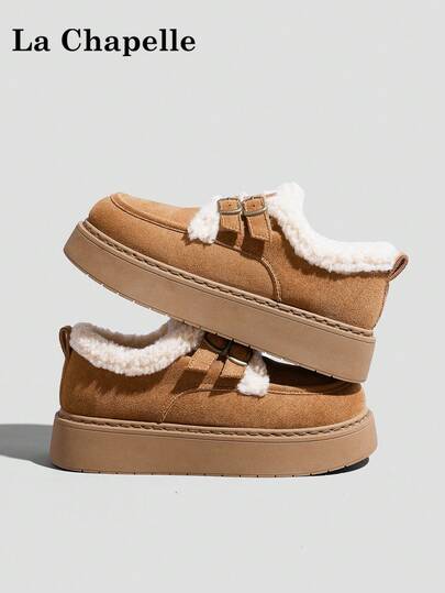 1 双 La Chapelle 女式休闲软底平底鞋，圆头低跟户外通勤鞋，优雅软底徒步鞋适合学生毕业照，低帮皮革保暖鞋