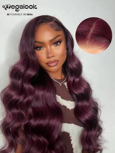 MEGALOOK 13x4蕾丝前置波浪卷发假发，预拔毛透明蕾丝，16-30英寸真人发假发，自由分缝蕾丝前置假发，透气帽，紫色假发，100%真人发丝，带婴儿发，手工编织，轻盈帽，全天舒适，极少掉发，适合日常佩戴