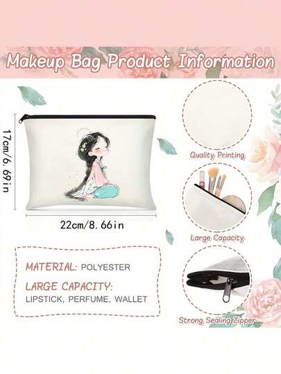 1 Pc Single-Sided Polyester Makeup Bag With Daisy, Girl, Butterfly Prints & Inspirational Messages – A White Zippered Cosmetic Pouch. Portable, Durable, And Odorless, This Large-Capacity Unisex Cosmetic Organizer Features Positioned Prints, Making It An Ideal Gift For All Age Groups.
