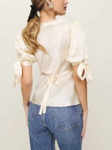 Womens Summer Satin Tops Lace Patchwork Short Puff Sleeves V-Neck Blouse With Adjustable Ribbon Ties - 香檳色 - 查看 2