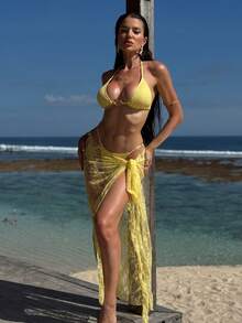 Bộ đồ bơi 3 món dành cho nữ, bikini gợi cảm kèm áo khoác ren, màu trơn, kiểu dáng thanh lịch, hở lưng, buộc dây, phong cách bohemian, thích hợp cho tiệc tùng, kỳ nghỉ, đi biển. - Màu vàng - Xem 2