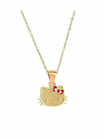 Sanrio 18K Gold Plated Stainless Steel Hello Kitty Pendant Necklace, Cute Cat Design, Gift For Women/Girlfriend