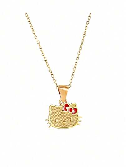  Sanrio Hello Kitty Cute Cat Pendant Necklace, Stainless Steel Material, 18K Gold Plated, Gift For Girl/Girlfriend
