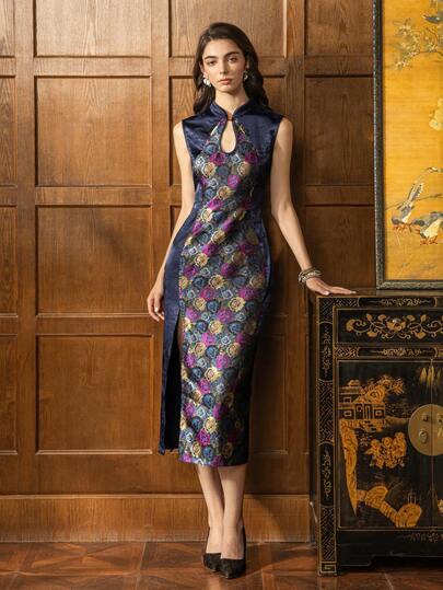 Faeriesty ​Women's New Chinese Style Qipao | Small Stand-Up Collar & Sleeveless Silhouette | Back Vented Slit & Contrast Panel Patchwork | For State Banquets, Gala Dinners, Corporate Events, Wedding Receptions, Charity Galas​