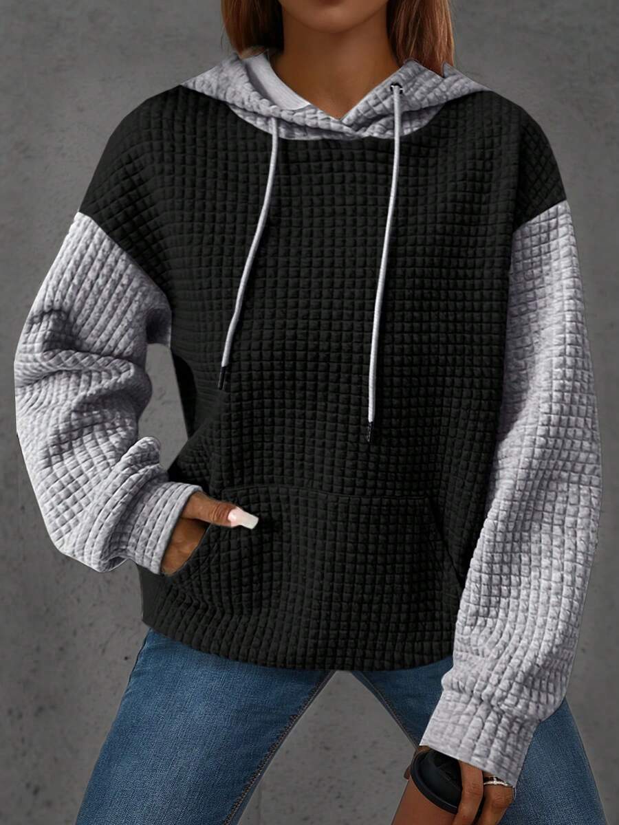 Áo sweatshirt nữ cỡ lớn màu trơn dệt jacquard dáng rộng thoải mái mùa xuân - Đen và xám - Xem 1