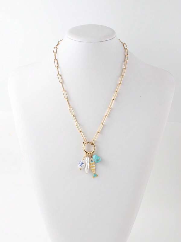 Women's Necklace, Openable Round Pendant With Ocean Fish & Pearl Decor, Jewelry & Watch