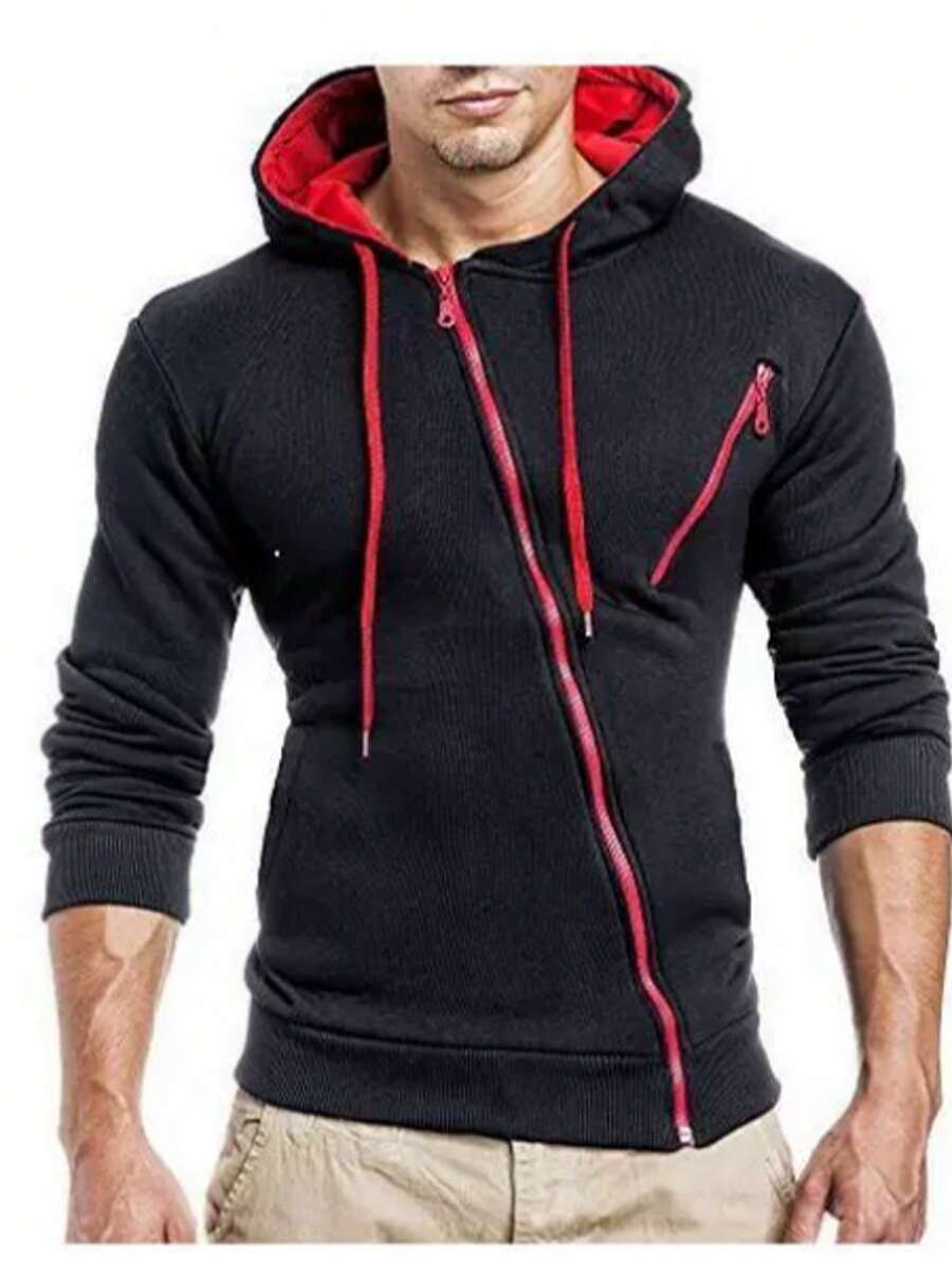 Sudadera Con Capucha Y Cremallera Para Hombres Cálido Moda - Negro - Ver 1