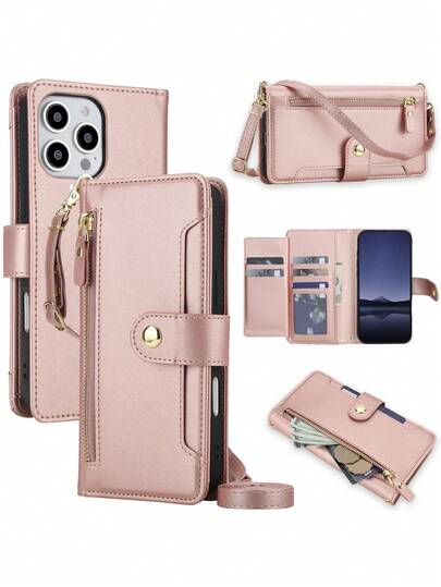 Cartera de cuero sintético PU tipo bandolera, compatible con iPhone 17E, 17 Air, 16E, 16, 15, 14 Plus, 13, 12 Mini, 11 Pro X, XS Max, XR, 8, 7 Plus, SE 5G, 2022, 2020, SE3, SE2, con soporte, cremallera, bloqueo RFID y correa de muñeca