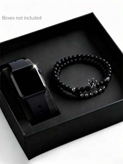 3-In-1 Set: Fashionable Business Elegant Affordable Boys LED Digital Display Electronic Watch And Crown Bracelet Set, Christmas, Party, Back To School Gift For Teenage Boys, Versatile Everyday Wear