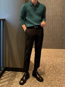 Men's Rib-Knitted Sweater, Casual Long-Sleeved Polo Sweater With Collar, V-Neck Polo Shirt, Solid Color Pullover - màu xanh đậm - Xem 5