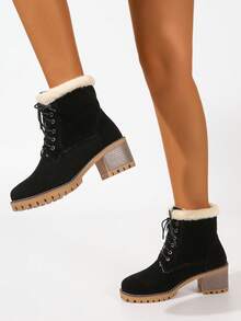 Winterliche, dickabsätzige, rund-zehenförmige, flach geschnittene Schnürstiefel mit modischem Design für Frauen, mit dicker Isolierung innen, einfarbige schlichte Damenwinterstiefel, Fellstiefel - Schwarz - Übersicht 3