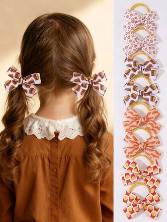 2pcs/8pcs Girls Food Print Ribbon Bow Hair Scrunchies Set
