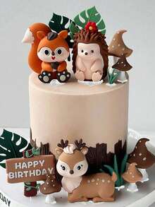 Waldthema Kuchendeko, Dschungel Weich-Klebetier Kuchendekoration, Eichhörnchen Sikahirsch Igel Koala Pilz Blatt Gras Kuchendekoration, geeignet für Geburtstagskuchen Dekoration, Taufe Waldthema Party Kuchendekoration Zubehör, Dschungel Serie Kuchendekoration (Bitte mit einem Tablett verwenden)