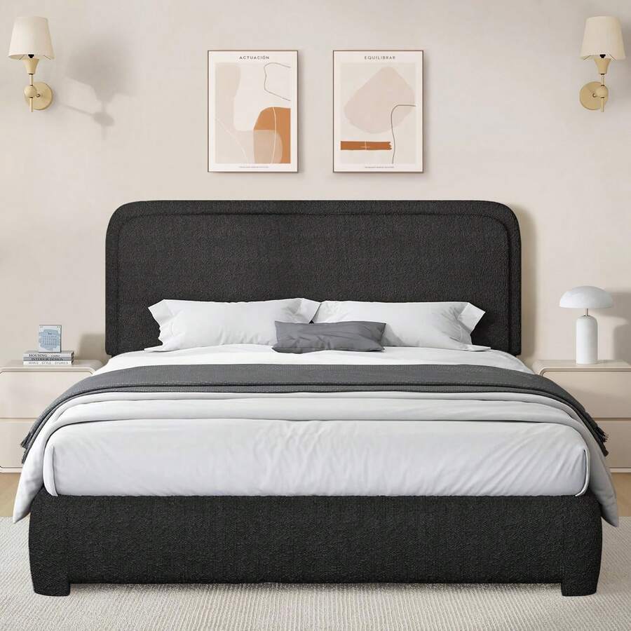 HOMBCK Twin/ Full/ Queen/ King Size Bed Frame, Boucle Upholstered Platform Bed With Headboard, Modern Style, Soft Rounded Corners, No Box Spring Required, Easy Assembly, Beige/ Grey/ Pink/ White/ Light Grey/ Black/ Green - 黑色 - 查看 1