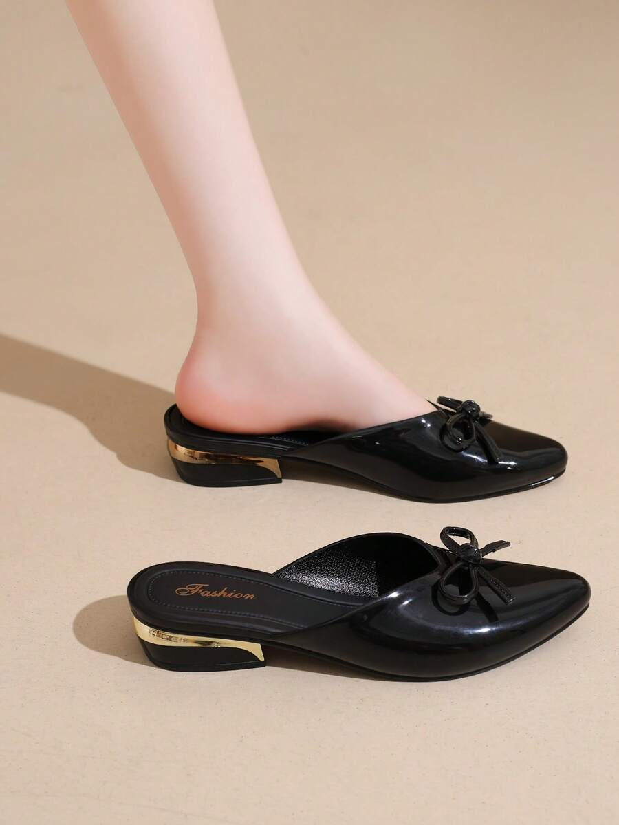 Women's Pointed Toe Shiny Fashion High Heel Mules With Bow Decor - Black - View 1