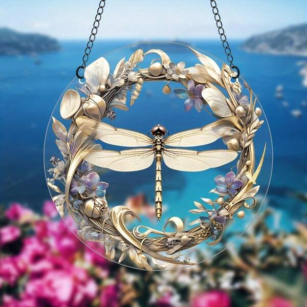 Cartel acrílico plano 2D de libélula colgante de ventana con decoración de corona, arte de pared para porche, decoración del hogar y la habitación, tema animal - regalo para amantes de los insectos