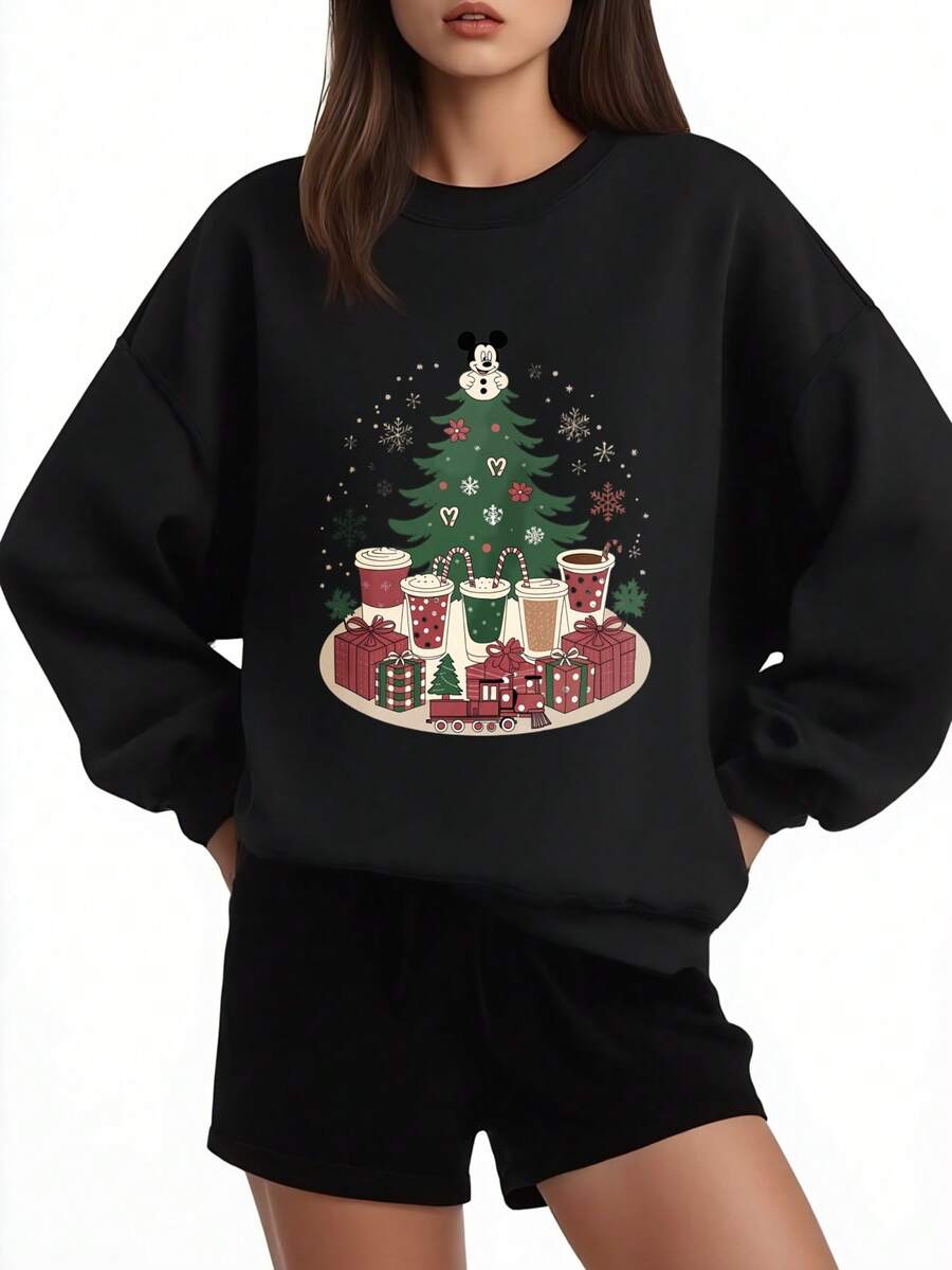 Disney Christmas Sweatshirt Black Mickey Mouse Christmas Tree Gifts Coffee Cups Holiday Party Wear - 黑色 - 查看 1