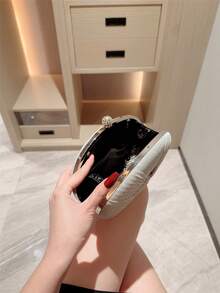1个闪亮蝴蝶结设计迷你盒形手拿包，优雅奢华水钻装饰晚礼服包，迷人派对手提包，适合正式场合的魅力女士手拿包，适合作为节日礼物，配有可拆卸肩链 - 銀色 - 查看 5
