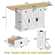 71.3" Large Kitchen Island With Drop Leaf, Kitchen Rolling Island Cart W/ 3 Solid Drawers, Island Table With Trash Storage Cabinet & 3 Large Storage Rack, Spice Rack, Black - trắng - Xem 2