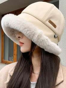 1pc Winter European & American Elegant Bucket Hat, Warm, Comfortable, Versatile, Simple, Cold-Proof, Large Head Circumference