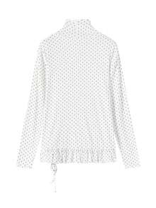 女式高领波点长袖荷叶边下摆休闲T恤