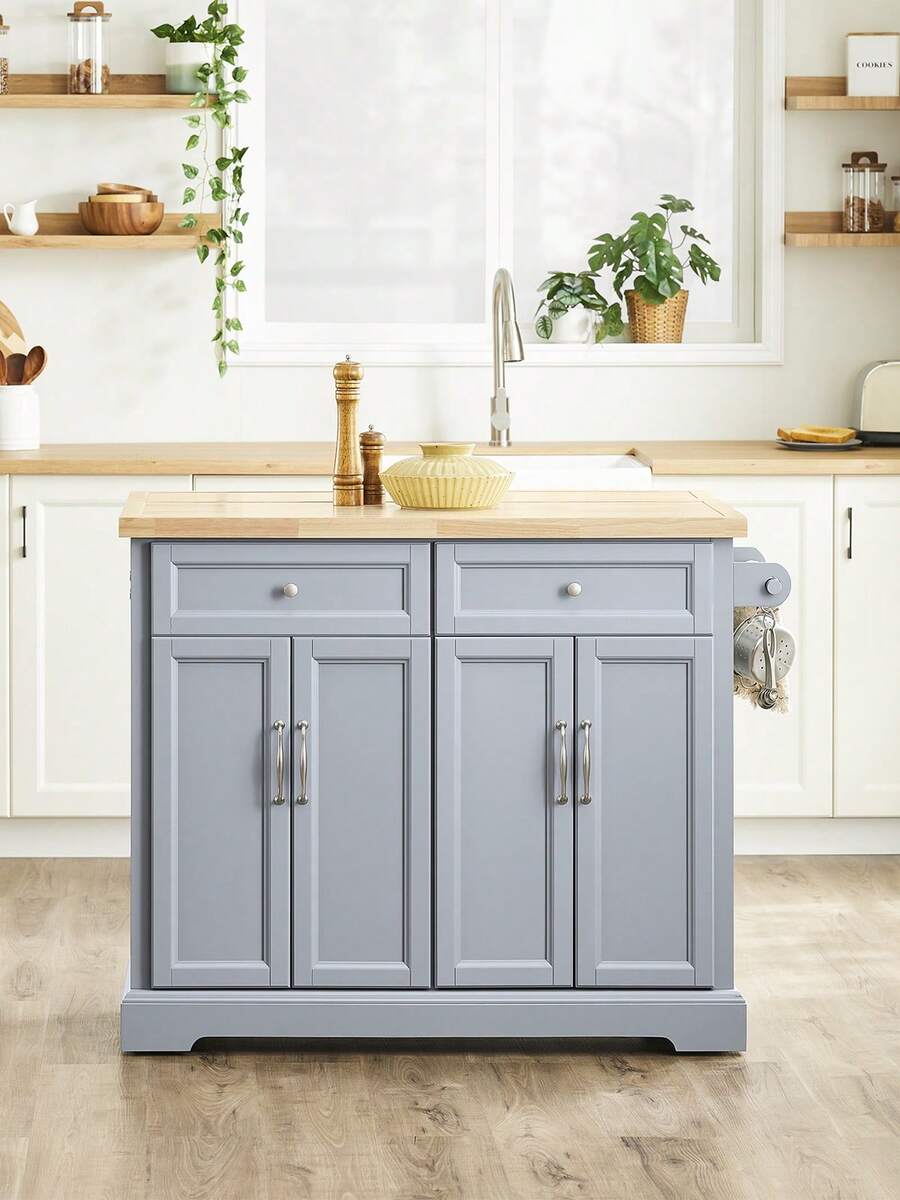 FKW71 Kitchen Island With 4 Hidden Wheels, Kitchen Trolley With Extendable Stainless Steel Worktop, Kitchen Cabinet, Serving Trolley, Wood, Dimensions (W X H X D): Approx. 115 X 92 X 46-71 Cm - Grey - View 1