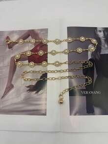 سلسلة معدنية للخصر للنساء، عصرية، أنيقة، متعددة الاستخدامات، مزينة باللؤلؤ والراين، إكسسوار فستان وحزام - الذهبي - مشاهدة 5