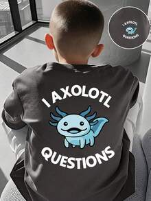 Young Boy Cartoon Print Short Sleeve T-Shirt - Dark Grey - View 1