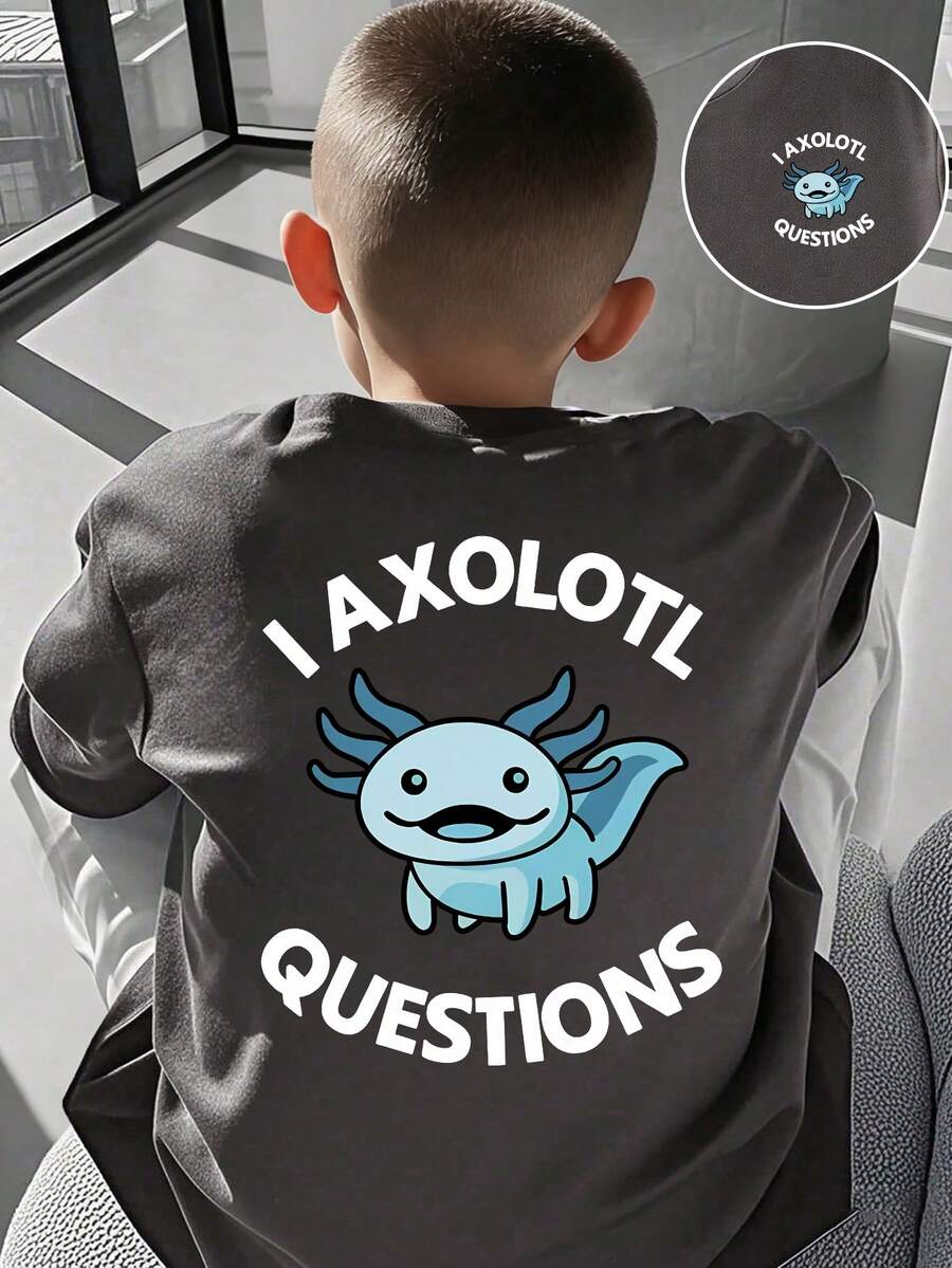 Young Boy Cartoon Print Short Sleeve T-Shirt - Dark Grey - View 1