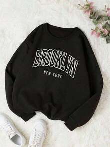 HoodieINAWLY Letter Graphic Thermal Lined Sweatshirt,Long Sleeve Tops Graduation,Back To School Fits,Graduation,Teacher Fits For Women,Back To School Pullover Fall FitLoose And Comfortablewinter Clothes For Women - 黑色 - 查看 1