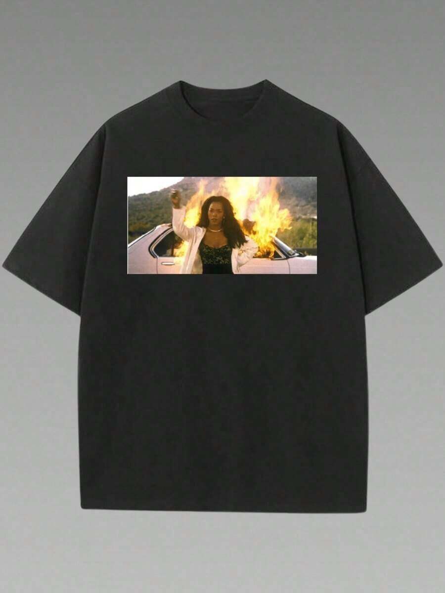 Angela Bassett Waiting To Exhale Outdoor Casual T-Shirt, Letter Print Casual Cotton T-Shirt, 1 Piece, 220g, Summer Heavy Cotton T-Shirt - 黑色 - 查看 1