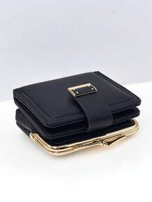 Women's Short Solid Black Soft PU Snap Closure Wallet Multifunctional Coin Purse Card Holder Minimalist Lightweight Compact Elegant Gift Suitable For Holidays For Women Wallet Mini Wallet Purse Wallet Small Wallet Card Wallet Coin Wallet - Black - View 3