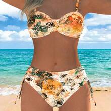 Women's Summer Beach Full-Print Floral Spaghetti Strap Bikini Set 2 Pieces Set Vacation - Orange - View 3