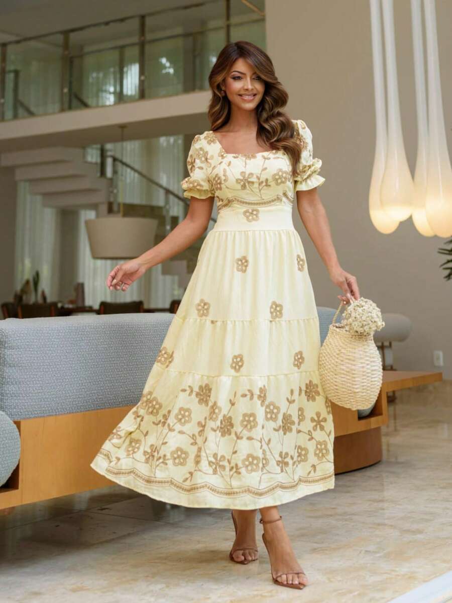 Luxury Midi Dress In Viscose Embroidery, Elegant, Short Sleeves. - Light Yellow - View 1