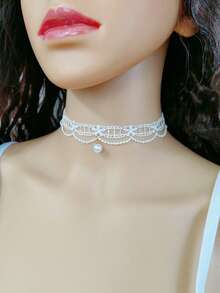 1pc Lace & Pearl Choker Necklace, Gentle Elegant Collar Necklace Chain Suitable For Daily Wear, Vacation, Wedding