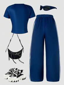 2pcs/Set Girls Casual Everyday Wear Fashion Letter Print Round Neck Short Sleeve T-Shirt And Long Pants Set, Summer - Navy Blue - View 2