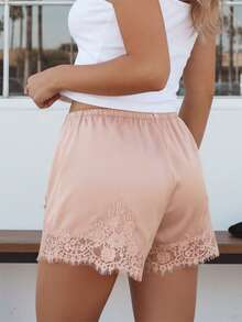 Pantalones cortos de encaje de satén Y2K para mujeres, pantalones cortos casuales de seda, adecuados para el ocio diario en el hogar y salir a usar - Rosa - Ver 5