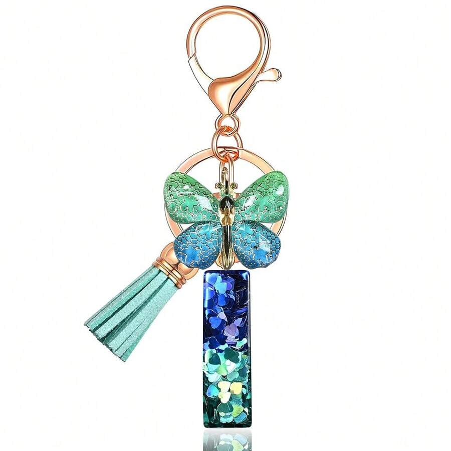 JINGUAZI Initial Letter Keychains For Women Tassel Butterfly Pink Purple Cute Car Keychain For Wallet Backpack Bag Charm{Inchcolor_nameinch:InchI-BlueGreeninch} - I-藍綠色 - 查看 1