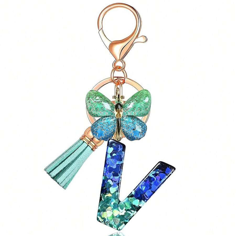 JINGUAZI Initial Letter Keychains For Women Tassel Butterfly Pink Purple Cute Car Keychain For Wallet Backpack Bag Charm{Inchcolor_nameinch:InchV-BlueGreeninch} - V-藍綠色 - 查看 1