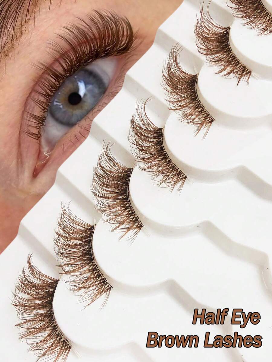 Asiteo 7 Pairs Brown Half-Strip False Eyelashes, Transparent Stem, Natural Cat Eye Effect, Extended Tail Shape, Fluffy & Lightweight, Faux Mink Material, Create Natural Makeup Look, Suitable For Daily Makeup And Beauty Blogger Makeup - 棕色 - 查看 1