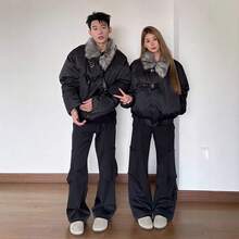 American Fur Collar Jacket Padded Men's Winter Short Thickened Seat Mountain Carving Jacket Deconstructed Design Couple Padded Jacket - màu đen - Xem 6