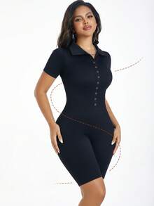Women's Ribbed Knit Shapewear Jumpsuit, Short Sleeve, Tummy Control, Button Closure, Cropped Jumpsuit - Black - View 6