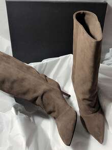 秋冬季尖头麂皮高跟长靴，优雅西部牛仔风格女靴，猫跟 - 杏色 - 查看 3