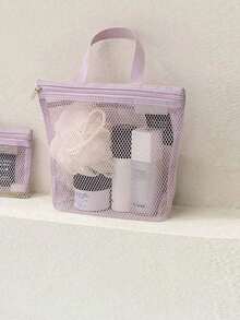 Portable Mesh Zipper Toiletry Bag - Quick-Drying Shower Bag, Hollowed-Out Simple Mini Portable Mesh Travel Toiletry Bag, Student Handbag, Makeup Bag, And Sundries Storage Bag, Suitable For Travel, Fitness, And University Life | Waterproof Cosmetic Storage Bag, Makeup Bag, Unisex Waterproof Shower Bag, Suitable For School Holidays, Holidays, School Supplies, Travel, And Other Occasions. - Multicolor - View 7