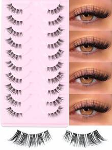10对半睫毛透明带状睫毛猫眼假睫毛短款柔软3d仿貂毛睫毛柔软自然妆容 - 黑色 - 查看 10