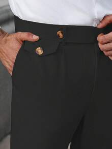 Plus Size Men's Solid Color Waist Button Design Pocket Casual Pants - Black - View 6