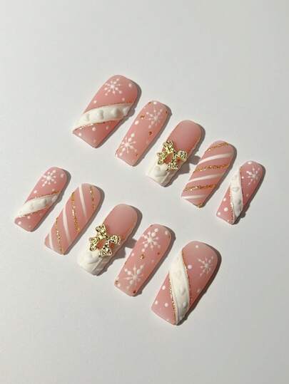 10 Stück Aufklebe-Nägel, handgemachte Weihnachts-Kunstnägel, lange quadratische Spitzen, elegante Schneeflocken in Winterweiß & Chrom-Schleifen-Kunstwerke, dickes Acryl & mehrschichtiges Gel für Salon-Qualität Haltbarkeit, wiederverwendbar & abnehmbar für Feiertagspartys, Alltagstragen & besondere Anlässe, perfektes Geschenk für Frauen & Mädchen mit Nagellack-Leidenschaft