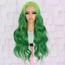 13x4 Green Highlights Curly Lace Front Wigs For Women Body Wavy Long Hair Ombre Green Wig Pre-Plucked Wear And Go 28 Inch Glueless Synthetic Lace Front Wigs For Halloween Daily Party Wig - 綠色 - 查看 5