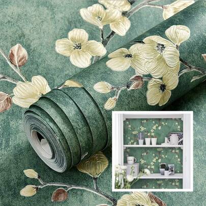 1 Roll Self-Adhesive Vintage Floral Wallpaper, Size: 17.7in X 39.3in/118.1in/196.8in, Waterproof Removable, Yellow Plum Blossom Pattern, Vinyl Material, Suitable For Bedroom, Living Room, Bathroom, Cabinet Decor, Furniture Countertop Lining, Partition Decoration