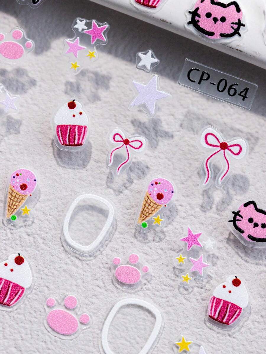 1pc Cute Pink Ice Cream Kitten Bow Decor 3D Sticker, Suitable For Tablet, Phone, Cup, Scrapbooking DIY - Multicolor - View 1
